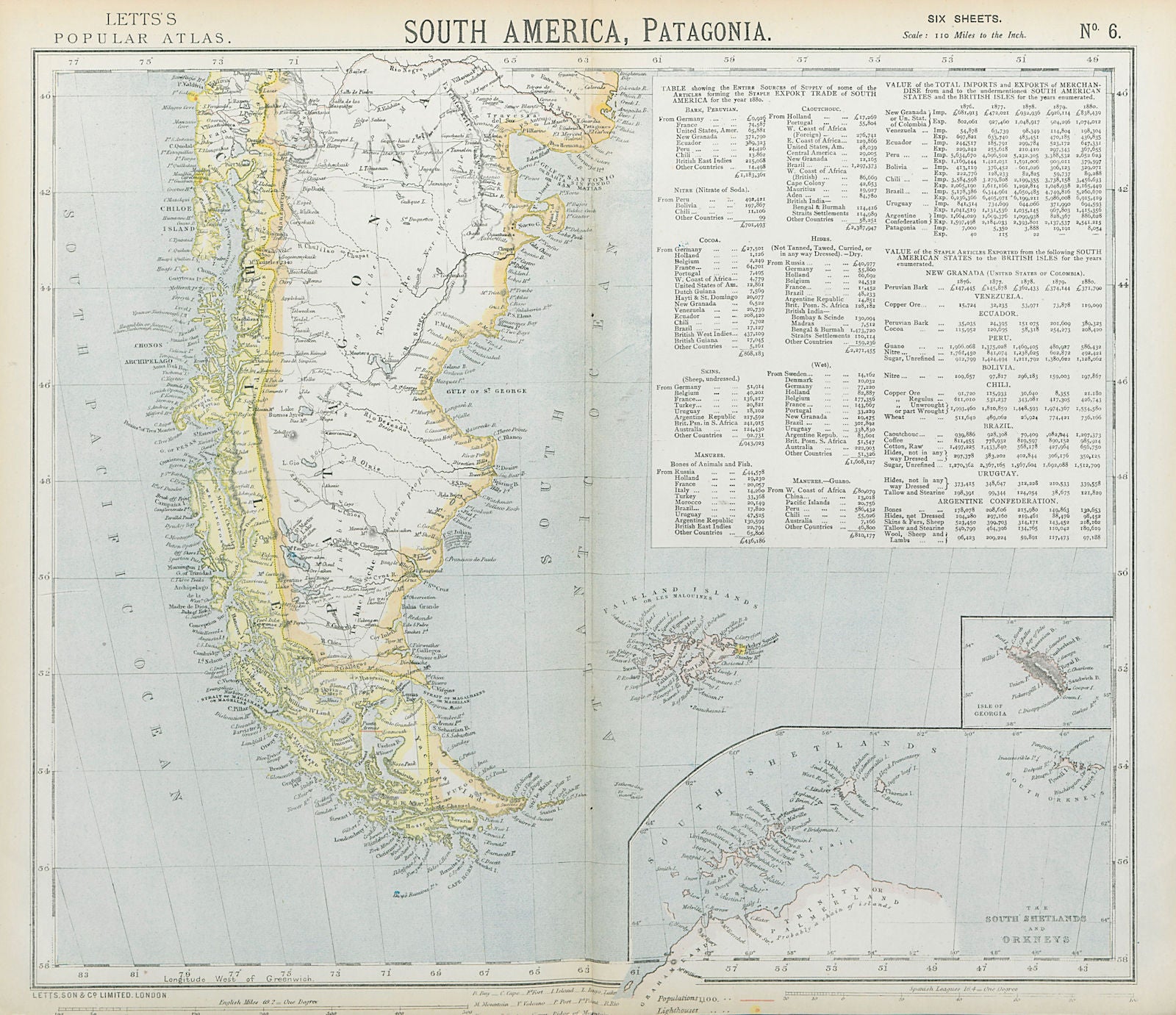 PATAGONIA. Argentina Chile Tierra del Fuego Falklands S Georgia LETTS 1883 map